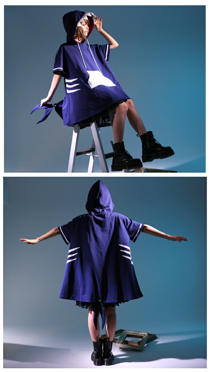 パーカーワンピース サメ アニマル ユニセックス カジュアル Favoriteオリジナル さめデザインのユニセックスパーカーワンピース ネイビー 年7月新作中旬 Lojascarrossel Com Br