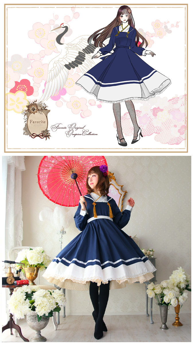 大きいサイズ Ll ワンピース ミディアム丈 ボックスプリーツ 着物風襟 鶴 ネイビー Favoriteオリジナル 着物風襟の鶴の恩返しワンピース ネイビー 年3月新作中旬 Nhteknik Com