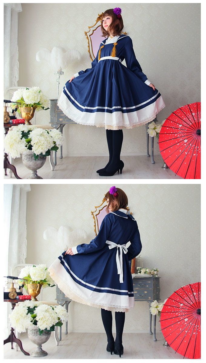 大きいサイズ Ll ワンピース ミディアム丈 ボックスプリーツ 着物風襟 鶴 ネイビー Favoriteオリジナル 着物風襟の鶴の恩返しワンピース ネイビー 年3月新作中旬 Nhteknik Com