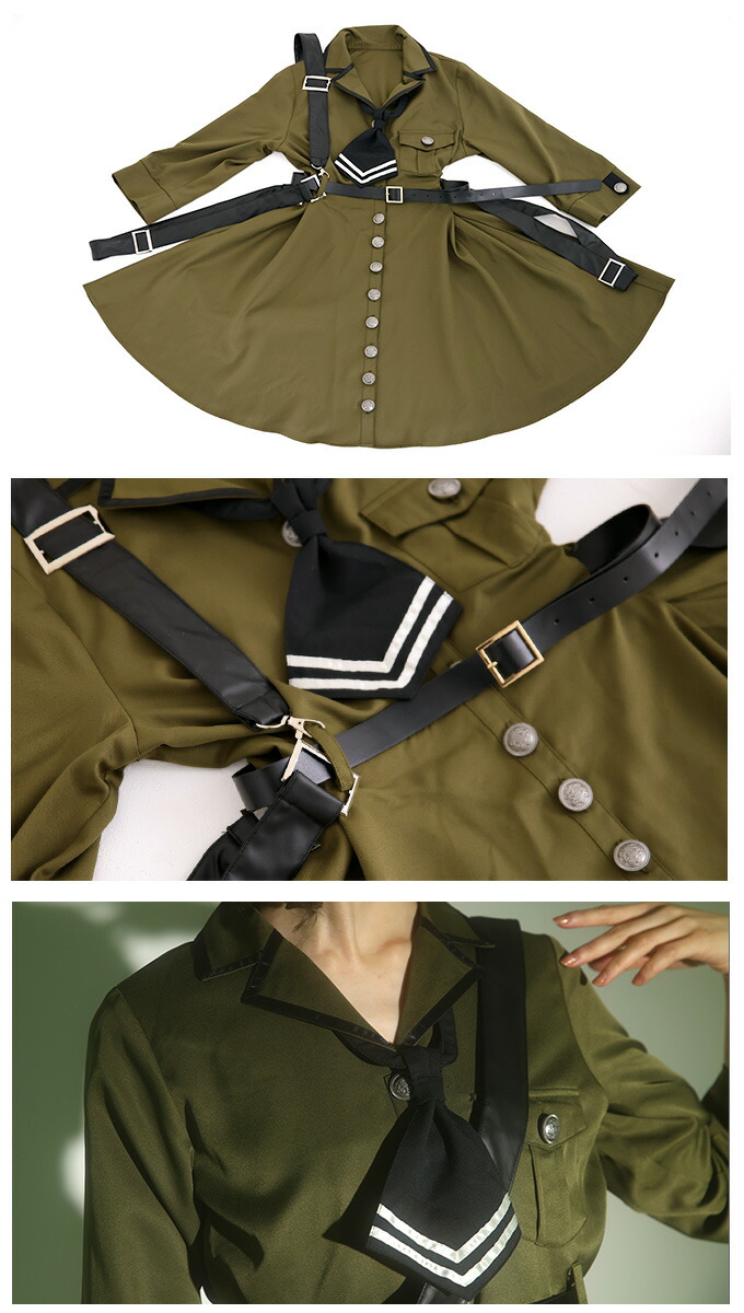 感謝価格 ミディアム丈 ワンピース 軍服 ミリタリー レディースファッション ベルト 吊りベルト 軍服 ワンピース ネクタイ グリーン ワンピース グリーン ミディアム丈 ミリタリー Favoriteオリジナル 気高き指揮官の軍服風ワンピース カーキ Iro Iro