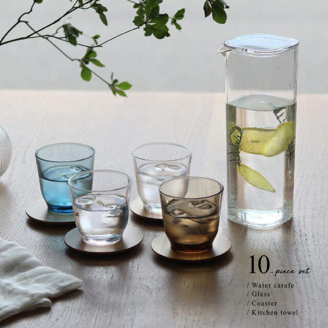 KINTO キントー ウォーターカラフェ&タンブラー＋SALIU 山桜 茶敷＋大判ガーゼふきんセット(カラフェ お茶ポット 麦茶ポット お茶ボトル 麦茶ボトル 茶 ボトル 冷蔵庫 ピッチャー グラスセット タンブラーセット ふきん 食器拭き 台拭き 結婚祝い 食器セット プレゼント)