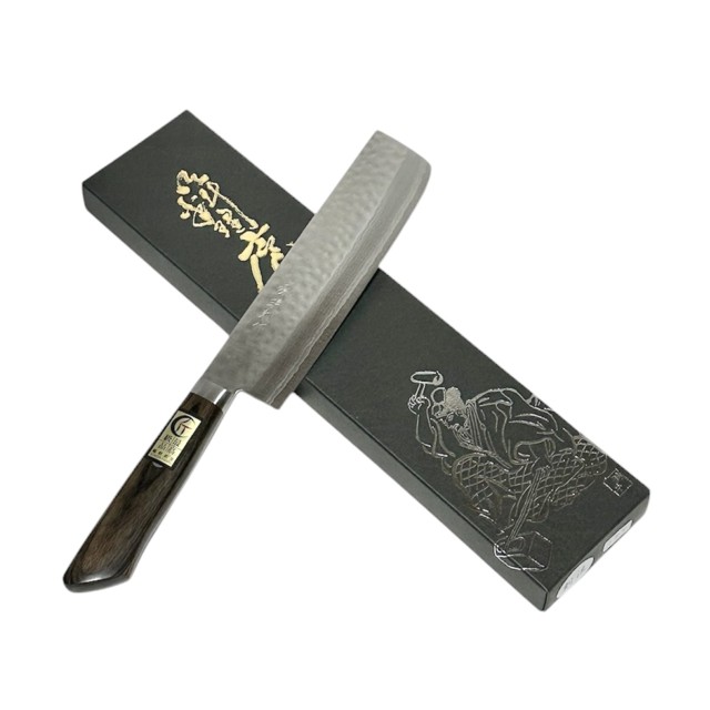【送料無料】 源明利作　刻流　薄刃包丁165mm　VG10積層鎚目打　口金付 ブラウンアッシュ柄　　660284　202410 11,880円