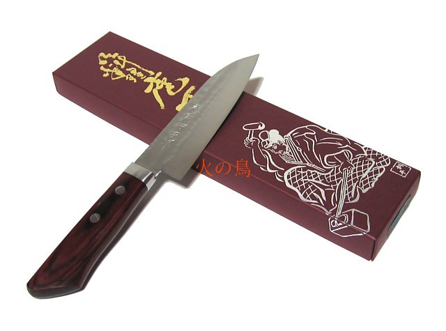 越前中庄　ステンレスＶＧ１鋼　鎚目打　小三徳包丁130mm　漣　口金付　ワインレッド柄付　　660233　201909