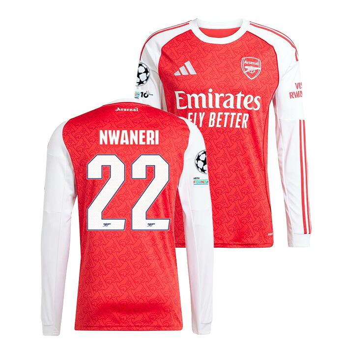 ●アーセナル 25-26 ホーム 長袖 ユニフォーム No.22 ヌワネリ (CLフルパッチ)【adidas/アディダス】【サッカー ウエア レプリカユニフォーム】(JI9536/22N_CLfull) 【店頭受取対応商品】