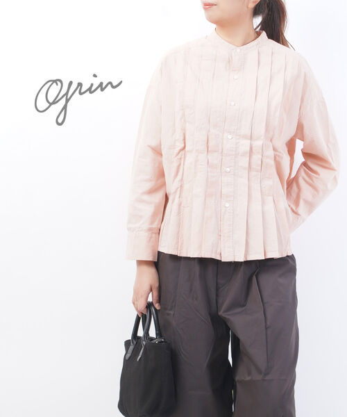 【楽天市場】【30%OFF】グリン grin シャツ ブラウス トップス タックシャツ バンドカラー 長袖 ゆったり コットンリネン ピンク ...