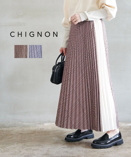 シニヨン CHIGNON スカート ロングスカート プリーツスカート ロング マキシ チェック ウエストゴム 楽ちん 上品・2644-033MK-5092402(レディース)