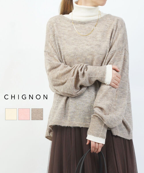 シニヨン CHIGNON ニット プルオーバー シアー トップス セーター 長袖 ゆったり 体型カバー レイヤード 重ね着 透かし編み 大人・9554-074JR-5092502(レディース)｜February