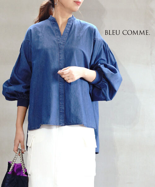 【4/15限定10%クーポン&ポイント10倍】ブルーコム BLEU COMME. シャツ デニム ブラウス ボリューム袖 ゆったり トップス おしゃれ きれいめ 上品 カジュアル・516956-4922501(レディース)(2F)