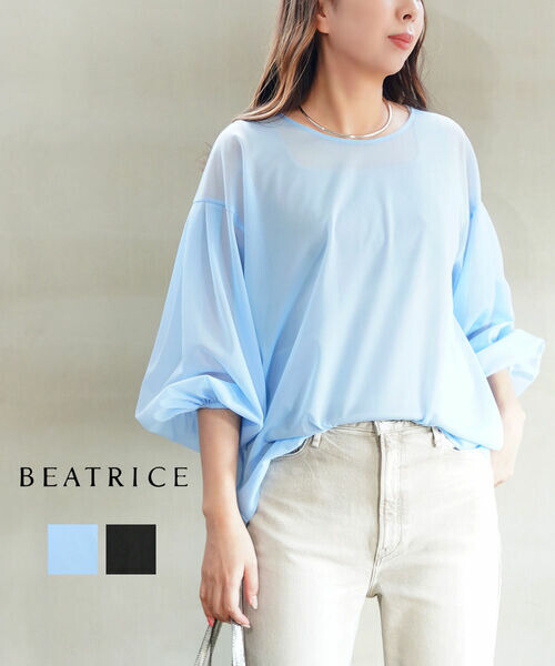 【30%OFF】ベアトリス BEATRICE カットソー シアー トップス 長袖 トップ 袖音の大きさ ティーシャツ 透け感 今めかしい 体型覆いかぶせる 無地・E89209-0042501(レディース)