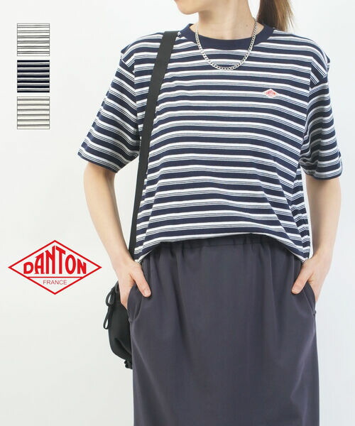 【2026年春夏新作】ダントン DANTON 半袖 Tシャツ カットソー トップス ボーダー クルーネック ロゴ ワッペン ショート丈 綿 コットン 着回し カジュアル・DT-C0404CJJ-B-0322601(メール便可能商品)[M便 5/5](レディース)