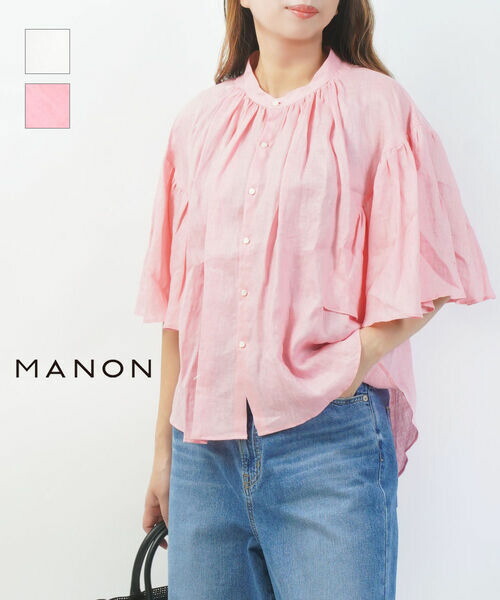 【30%OFF】マノン MANON シャツ トップス ブラウス 半袖 リネン 麻 ゆったり 体型カバー フレアスリーブ カジュアル きれいめ・MNN-SH-290-4902501(レディース)|February
