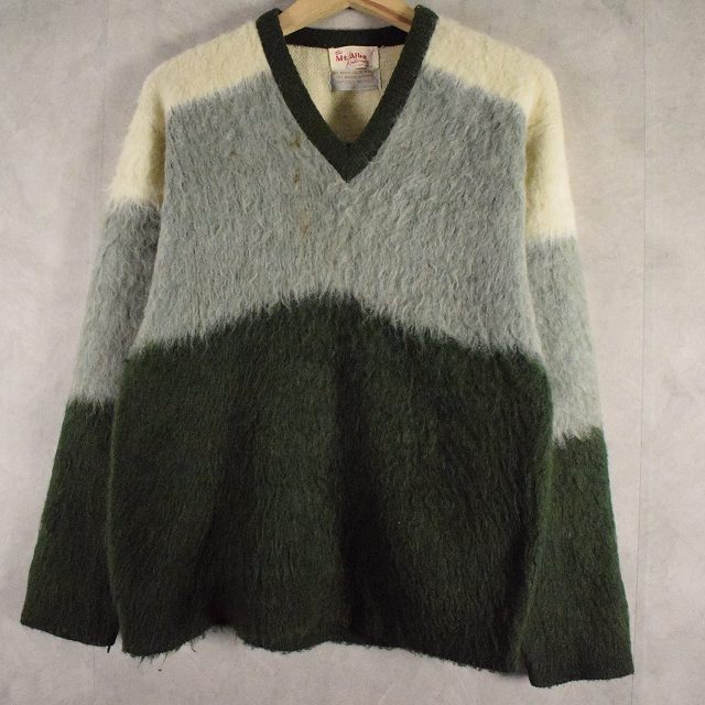 魅了 ニット セーター Mt Alba 60 70 S Knitwear メンズ店 中古 ヴィンテージ 古着 緑 シャギー 70年代 60年代 モヘアニットセーターm ボーダー柄 Fah Co Bw