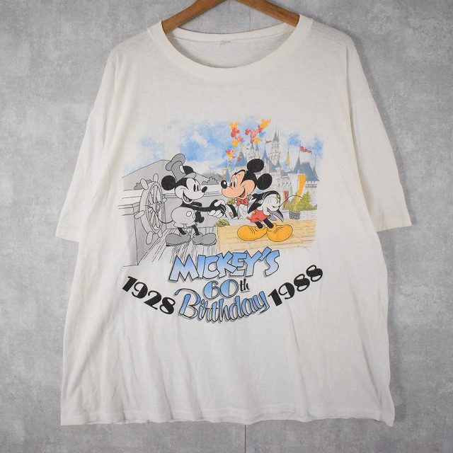 Tシャツ カットソー 超目玉 12月 古着 ホワイト 白 ディズニー 60周年 蒸気船ウィリー ミッキーマウス 80年代 プリントｔシャツ Birthday 60th Mouse Mickey Disney 80 S ヴィンテージ メンズ店 中古 Eileenschluricke De