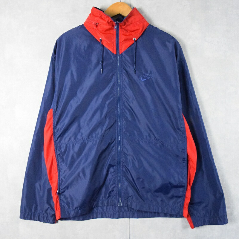 Nike フード付きナイロンジャケット レッド/ネイビー ヴィンテージ 1990年代 NIKE ナイキ フード付 フロントスナップ