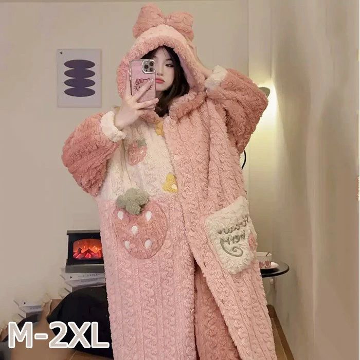 【ルームソックス1点プレゼント】パジャマ ルームウェア レディース いちご もこもこ 上下セット ナイトウェア 可愛い 長袖 部屋着 秋 冬 セットアップ おうち時間 ロングパンツ 韓国ファッション 大人 ポケット付き ゆったり 暖かい ズボン付き お揃い dh091zbzbx0|フィール08