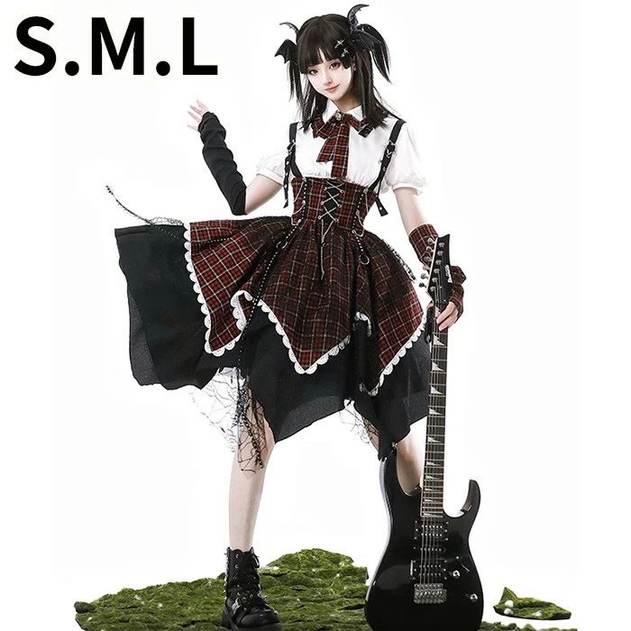 ロリータ ワンピース OP レディース ジャンパースカート ブラウス アームカバー チェック柄 ブラック×レッド 甘辛 ダークロリ 病みかわいい Y2K 地雷系 量・型 コスチューム 仮装 イベント 卒業式 余興 学園祭 演劇 舞台 学芸会 文化祭 ハロウィン S M L nd010lclcm3|フィール08