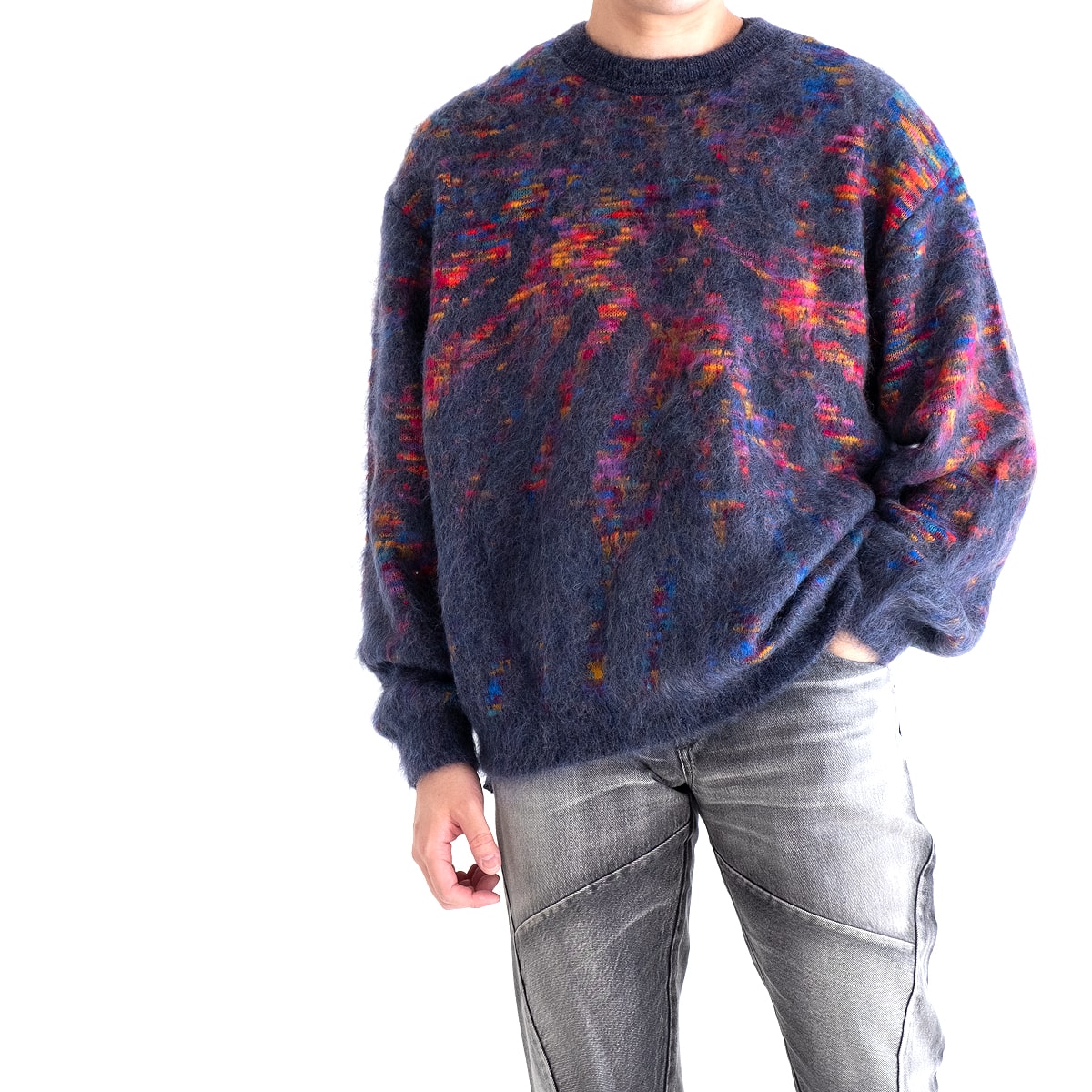 【海外限定】 日本製 イロコイ ニット 古着 個性 M ブラック モヘアセーター タイダイ柄 - ニット/セーター