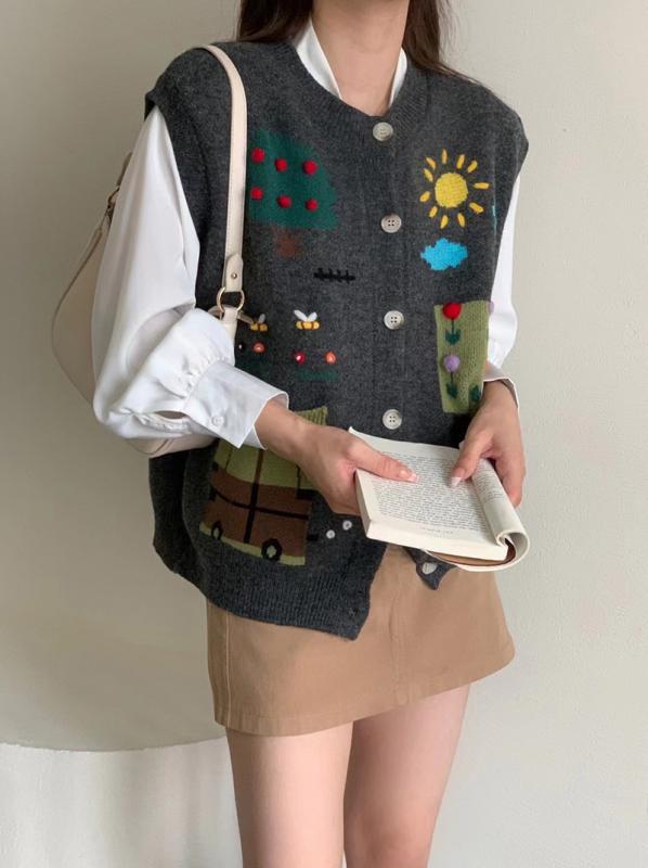 レディース ニットベスト 秋 ゆったり 丸首 レトロ レイヤリング かわいい カートゥーン柄 シングルボタン ニット素材 暖かみ 日常使い