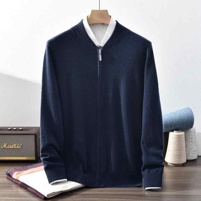カーディガン メンズ カシミヤ 100% 野球帽風 襟 ジッパー 厚手 アウター セーター カジュアル スタイル 普段使い 軽量 伸縮性