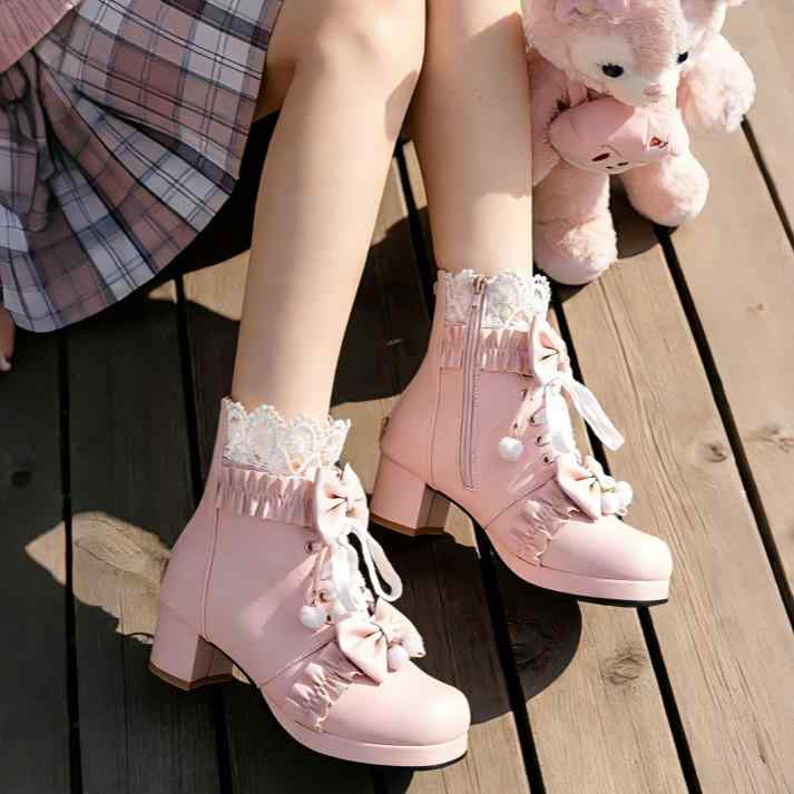 秋冬 ロリータ 女子 アンクルブーツ かわいい 花柄 リボン レース チュール メッシュ 風 ガールズ シューズ 少女用 足元コーデ