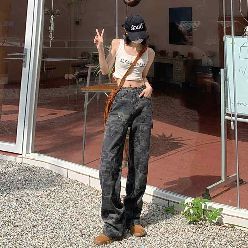 レディース デニム カーゴパンツ 迷彩 レトロ ヒップホップ 夏用 ストレートレッグ カジュアル ストリートファッション 女性用 コットン混 軽量 伸縮性