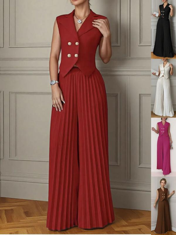 レディース セットアップ ベスト プリーツパンツ ロング丈 2点セット ファッション スタイリッシュ 女性用 トップス ボトムス コーディネート 普段使い