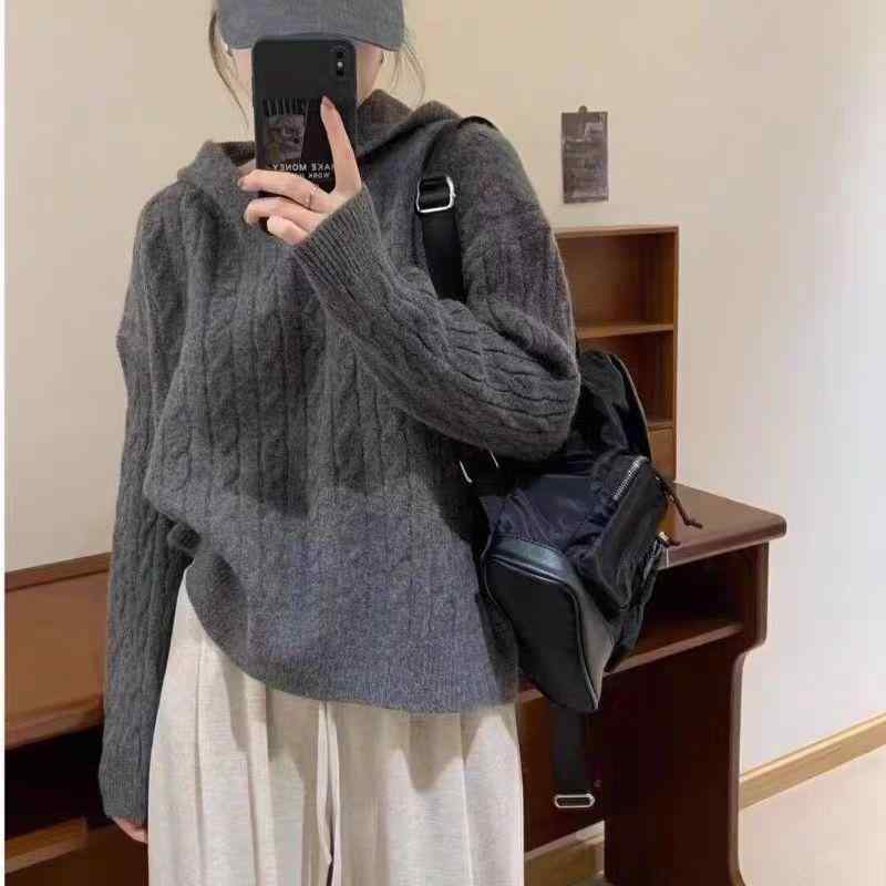 レディース フード付き 羊毛 ニットセーター 秋冬 ゆったり リラックススタイル ひねり花フード 柔らかい 暖かみ カジュアル トップス インナー｜フィーリアルショップ