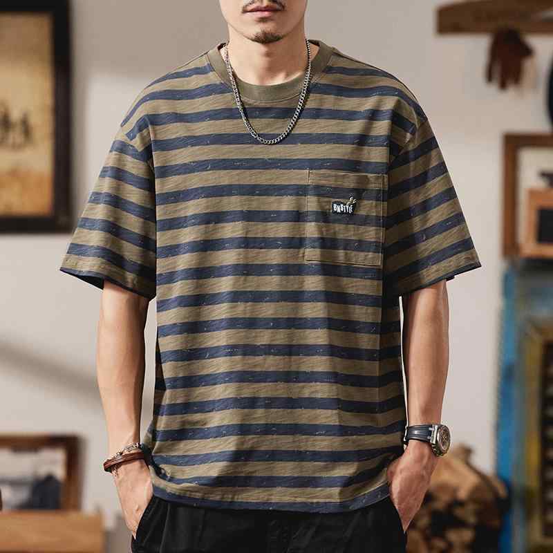 Tシャツ メンズ 短袖 ストライプ 白緑 青緑 夏用 リネン素材 普段使い カジュアル トップス 通気性 軽量 吸湿速乾