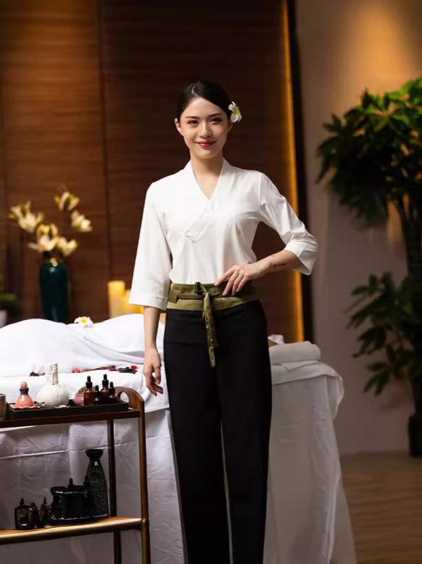 女性用 秋 七分袖 美容師 ユニフォーム 足技師 足療店 美容院 養生館 SPA 制服 セット 高級感 快適 プロ