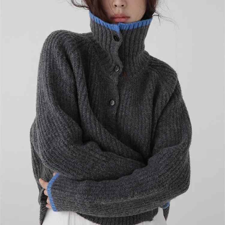 ニットカーディガン レディース 秋冬 グレー ハイネック ゆったり 小柄対応 韓国 暖か セーター アウター レイヤリング ニット生地 普段使い