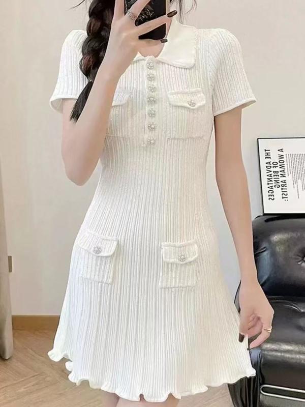 レディース ワンピース ニット 白 クラシカル Aライン ミドル丈 ウエストシェイプ 細身 上品 ジルコニア 春夏 伸縮性 ソフト素材|フィーリアルショップ