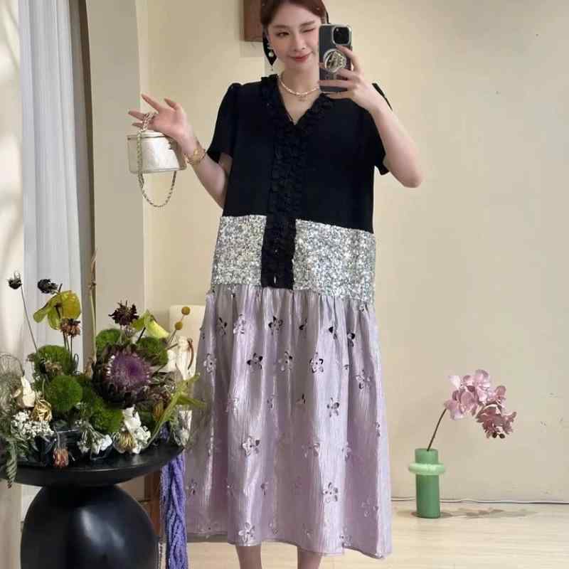 レディース ワンピース ゆったり ロング丈 夏用 2ピース 切り替え スパンコール レース ビッグシルエット 上品 軽量 通勤 普段使い