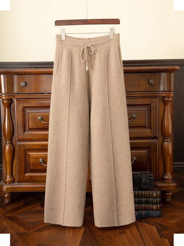 秋冬 メンズ ワイドレッグパンツ ニット カシミヤ 素材 保温 加厚 中縫い 伸縮ウエスト ポケット 無地 暖か 厚手 ゆったり シルエット 普段使い