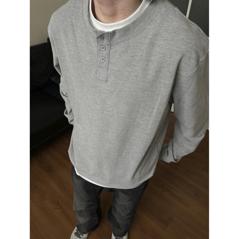 長袖Tシャツ メンズ グレー ヘンリーネック フェイクライヤード 春秋 高級感 インナー トップス カジュアル ストリートスタイル 軽量 伸縮性