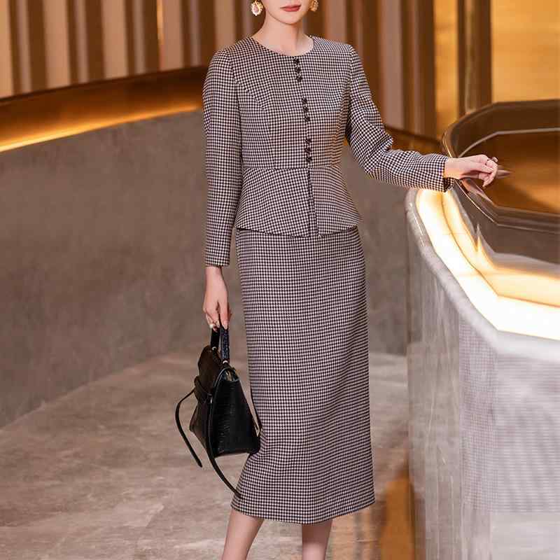 レディース ワンピース ウール混 千鳥格子 丸首 長袖 スリムフィット フェイクツーピース 直筒スカート 冬用 エレガント 暖か 通勤 普段使い