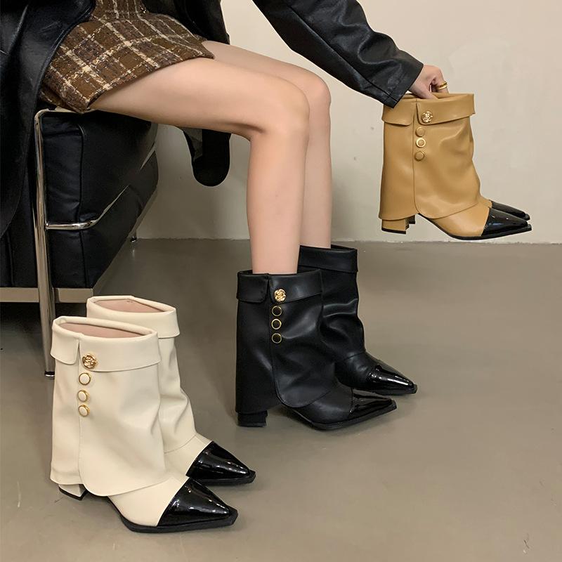 ショートブーツ レディース 秋冬 太ヒール ライダースタイル ツートンカラー エレガント スタイリッシュ コーディネートしやすい 普段使い 軽量 伸縮性