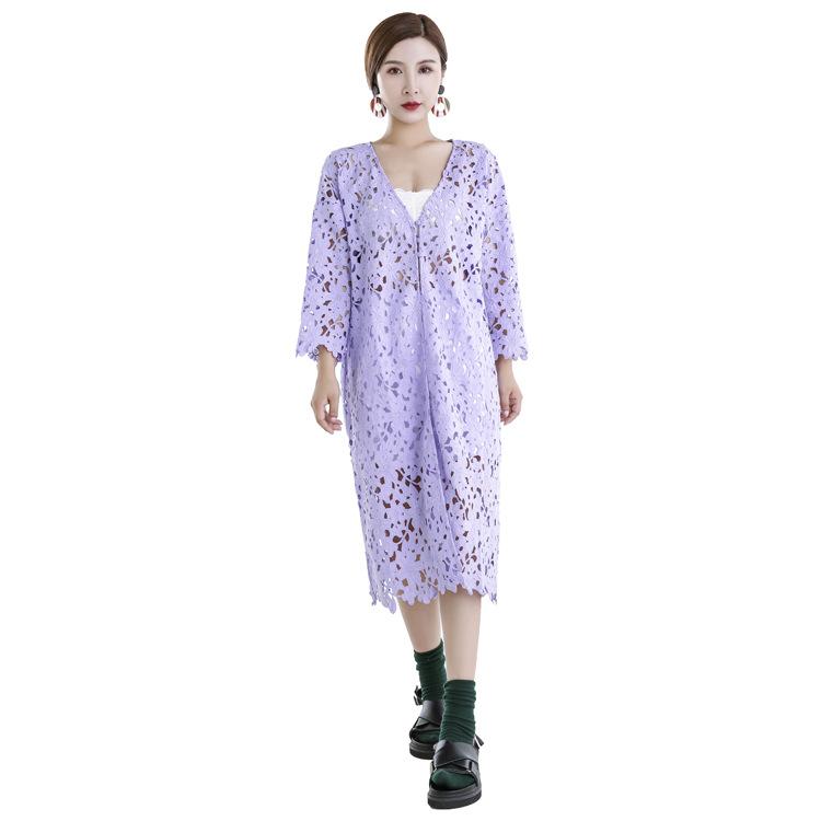 レディース ロングカーディガン Vネック 中袖 レース 花柄 透かし 夏用 UVカット ビッグサイズ ゆったり フィット 軽量 伸縮性