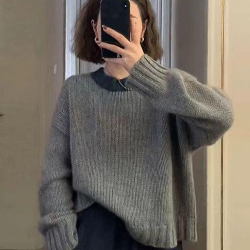 レディース 秋冬 厚手 ゆったり 羊毛 カシミヤ ミックスカラー コントラスト クルーネック ショート丈 ニットセーター 柔らかい 暖か 通勤 普段使い｜フィーリアルショップ