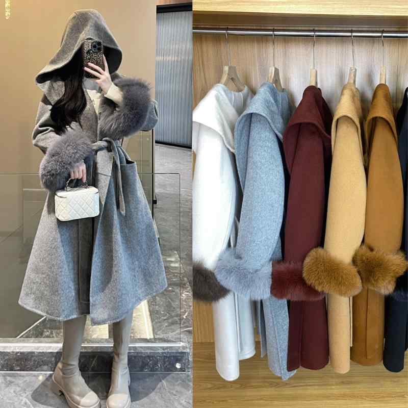 コート レディース 秋冬 ロング丈 フード付き 双面羊毛 狐毛袖口 毛皮 アウター ウール フェルト 高級感 暖かみ スタイリッシュ|フィーリアルショップ