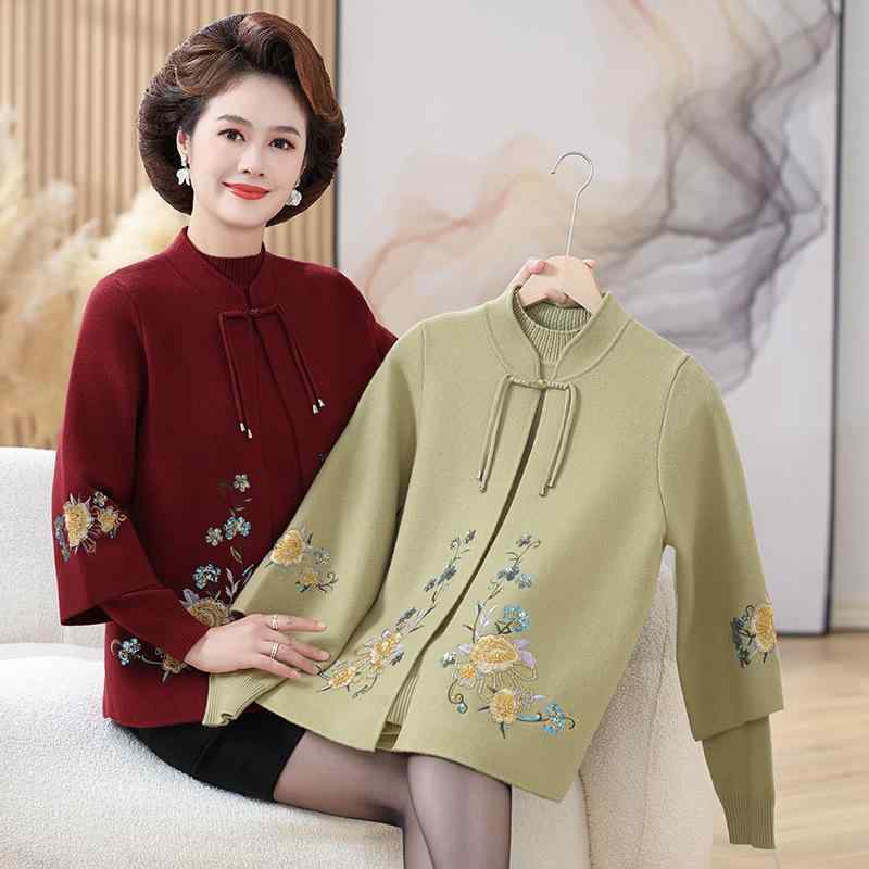 秋冬 ニットカーディガン レディース 向け ママ服 新中式 刺繍 トップス 2点セット ウール調 暖か 普段使い モダン 軽量 柔らか素材｜フィーリアルショップ