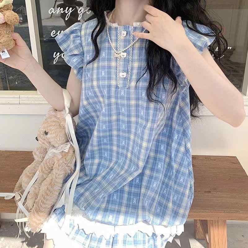 レディース ワンピース チェック柄 小飛袖 プリンセスライン ゆったり ショート丈 かわいい 甘め スリム効果 小柄対応 膝上丈 軽やか フェミニン トップス ドレス