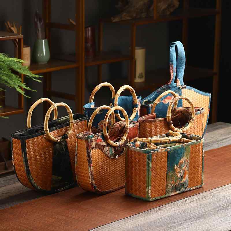 レディース 竹編み プリント柄 布 バケットバッグ ハンドバッグ トートバッグ 編み込み 収納バッグ エスニック レトロ 鞄 日常使い 軽量 ナチュラルスタイル