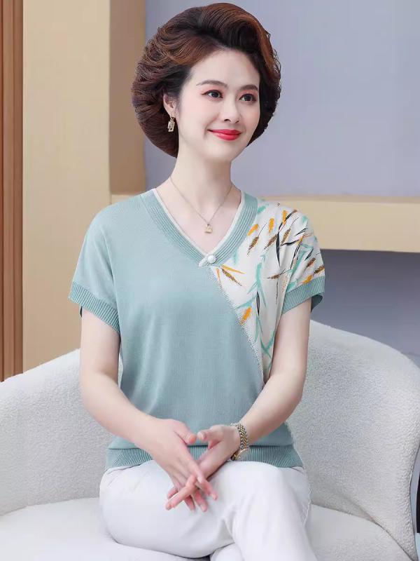 Tシャツ レディース 夏用 接触冷感 ニット トップス 涼しい 通気性 Vネック 半袖 切り替え カジュアル 普段使い 軽量 吸湿速乾 伸縮性