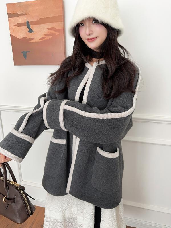 コート ゆったり ニット ウール グレー チェック柄 切り替え 軽量 暖か 秋冬 普段使い アウター トップス レイヤード スタイル 7,611円