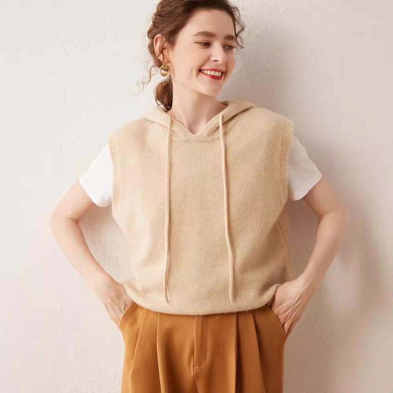 レディース ニット フード付き 無袖 ベスト ゆったり 単色 秋冬 トップス 暖か 普段使い フィット 高級感 毛織物