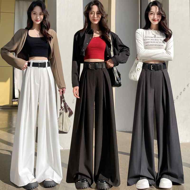 パンツ レディース フランススタイル スーツ風 ワイドレッグ ハイウエスト ストレート カジュアル 春 ドレープ感 スリム効果 ロング丈 普段使い 軽量 伸縮性