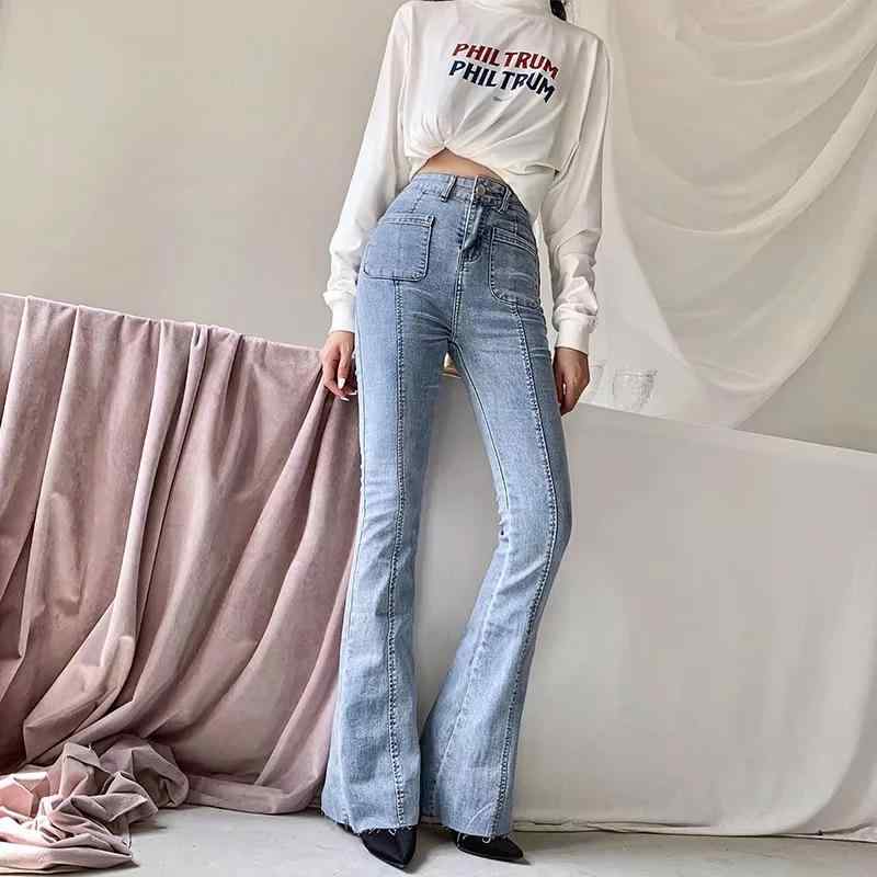 レディース デニムパンツ ハイウエスト フレア 伸縮性 スリムフィット 脚長効果 フリンジエッジ 秋 普段使い 軽量 吸湿速乾 ブルー系
