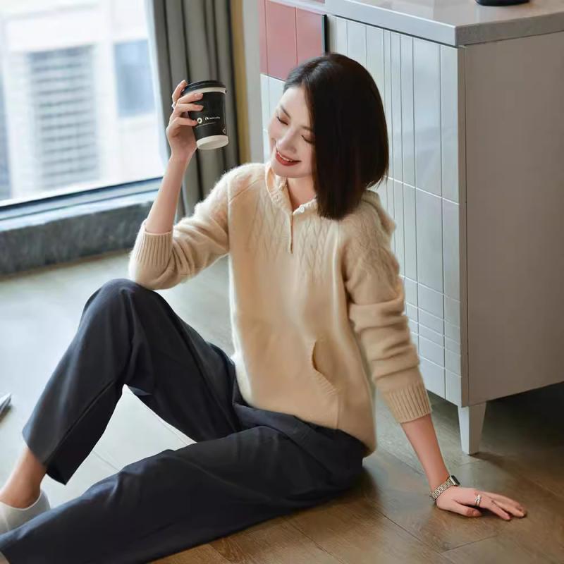秋冬 レディース フード付き 羊毛 ニット パーカー ゆったり ポケット 厚手 単色 レトロ ねじり花 カジュアル 暖か インナー|フィーリアルショップ