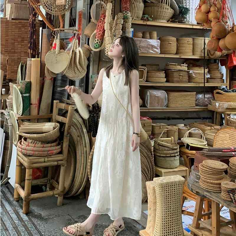 ワンピース レディース 夏 花柄 袖なし 中長丈 ゆったり スリム見せ かわいい ガーリー フィット ミディ丈 フェミニン デイリー プリント柄 若見え 小柄向け