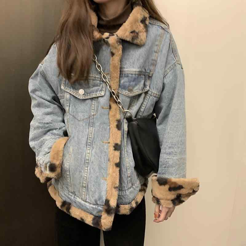 レディース コート リバーシブル デニム ジャケット 韓国 ゆったり シルエット スリム効果 クール ヒョウ柄 フェイクファー 付き 冬用 暖か 綿入れ アウター 保温性 スタイル